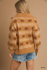 Umgee Floral Patterned Jacquard Quarter-Zip Pullover Sweater OutfitFlow